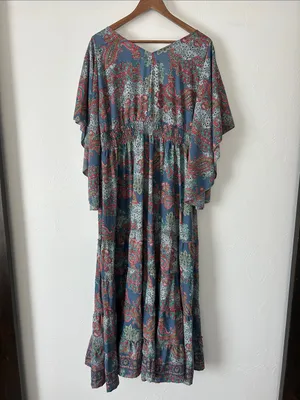 Bohemian Paisley Tiered Maxi Dress in Teal by Unknown Brand thumbnail 5