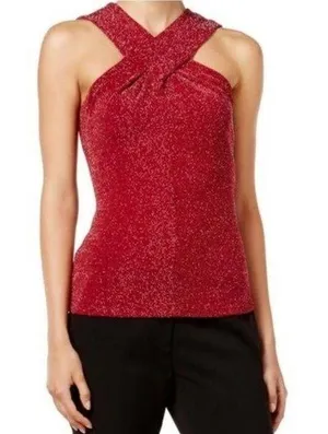 MICHAEL Michael Kors Top LARGE Red Crisscross Neck Metallic Holiday Sleeveless thumbnail 1