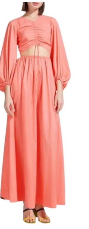 Staud Womens Coral V-Neck Tangier Ruched Cut Out Long Sleeve Nylon Maxi Dress M thumbnail 1