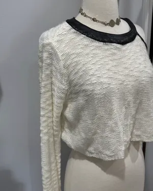 Rehab Cream Cold-Shoulder Knit Sweater with Black Faux Leather Trim thumbnail 3