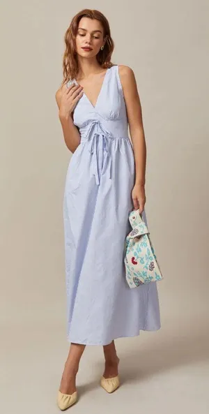 Rihoas Blue V Neck Shirred Striped Maxi Dress thumbnail 4