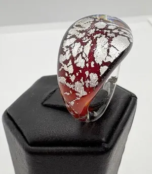 Vintage Handmade Glass Ring Size 7.75 Crackle Red‎ & Silver Retro Funky Lava thumbnail 1