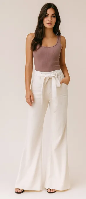 NEW Bohme High Waisted Belted Wide-Leg Cream Corduroy Trousers thumbnail 1