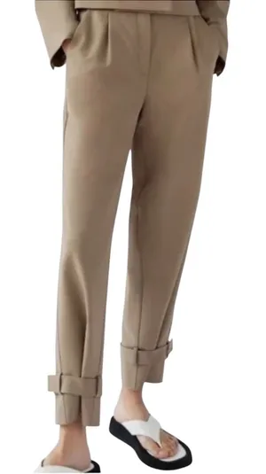 Aritzia Babaton Lalonde Trouser Pants Carrot Wool Pleated Strap Hem Taupe Tan 6 thumbnail 1