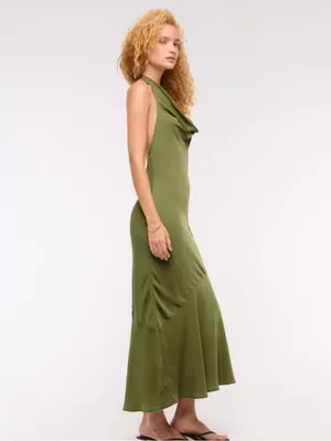 Abercrombie Olive Halter Satin Maxi Dress thumbnail 2