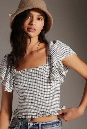 Anthropologie Maeve Crinkle Gingham Smocked Top thumbnail 1