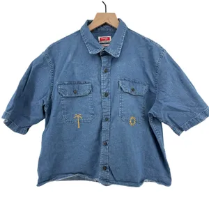 Wrangler Denim Short Sleeve Embroidered Button Down Shirt Blue‎ Women L Raw Hem thumbnail 1