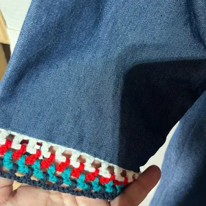 Land R Fashion Denim Dress M Blue Crocheted Trim Flowers‎ Tie Belt Resort Boho thumbnail 7