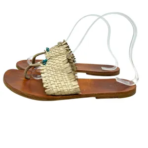 Henry Cuir‎ Slide Sandals Leather Woven Rattan Beaded Tan Brown Size 38 US 8 thumbnail 9