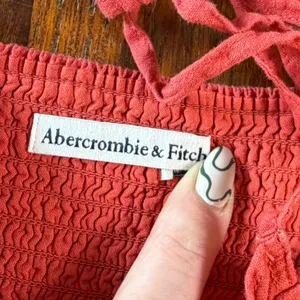 Abercrombie & Fitch Coral Red Linen Blend Ruffle Mini Dress Smocked Back Small thumbnail 4