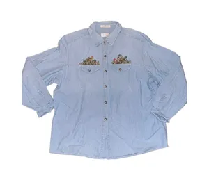 Vintage foxcroft denim/ chambray button with safari embroidery zoo denim animals thumbnail 1