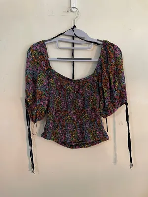 Free People Floral Puff-Sleeve Crop Top in Multi Colors thumbnail 7