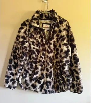 Cozy Sherpa Womens Leopard Print Quarter Zip Fleece Jacket Brown Tan‎ Small thumbnail 1
