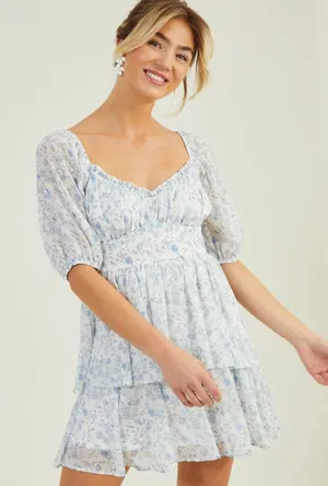 Altar’d State White And Blue Floral Petal Puff Sleeve Dress Size Small thumbnail 6