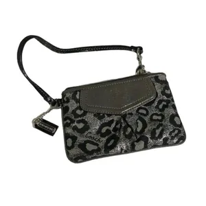 Coach Leopard Print Jacquard Wristlet Wallet Metallic Silver Black thumbnail 2