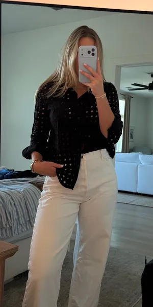 Evereve Black Geometric Eyelet Lace Button Down thumbnail 1