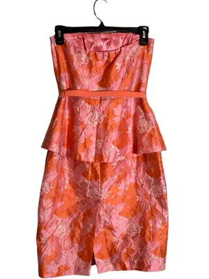 Eva Franco Strapless Peplum Floral Jacquard Dress Women's 2 Pink Orange Cocktail thumbnail 4
