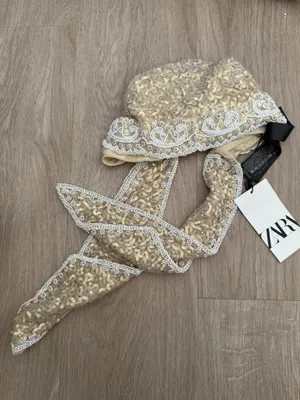 Zara Sequin Lace Pearl sparking Headscarf wrap embroidered festival boho hat thumbnail 8
