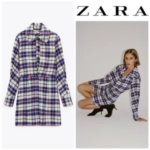 Zara Women’s Plaid Flannel Button Front Shirt Mini Dress Medium‎ thumbnail 2
