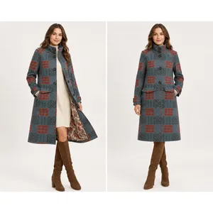 Sundance XS Wool Blend Plaid Long Coat Teal Red Boho Cottagecore Artsy Statement thumbnail 2