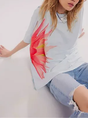Daydreamer Light Blue Tee with Pink Floral Graphic thumbnail 1