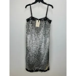 Gianni Bini Lilly Sisto Allegra Sequin Slip Midi Dress Silver Lace Trim US 6 NWT thumbnail 6