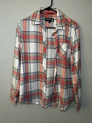 Canada Weather Women’s Gear Plaid Button-Up Shirt - White, Pink & Gray MM VGC thumbnail 1