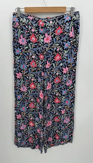 LOFT Blue Floral Wide Leg Cropped Pants‎ Womens Size S Pull On Stretch Career thumbnail 1
