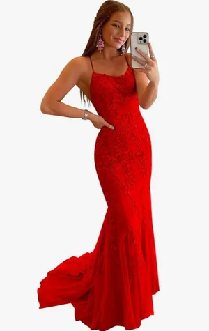 Amazon Clothfun Women's Long Lace Prom Dresses Mermaid Spaghetti Straps Backless Formal Evening Gowns thumbnail 1