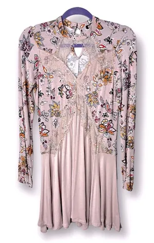 Gypsies & Moondust Pink Retro Floral‎ Lace Peek A Boo Flowy Mini Dress L thumbnail 1