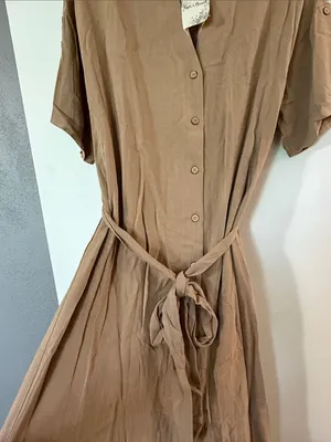 Hem & Thread Brown Button-Front Midi Shirt Dress with Tie Waist thumbnail 5
