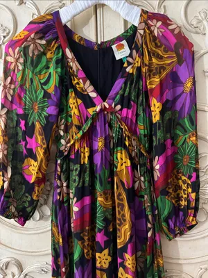 FARM Rio Star Fruit Floral Tiered Maxi Dress in Purple, Green & Yellow Sz Small thumbnail 6