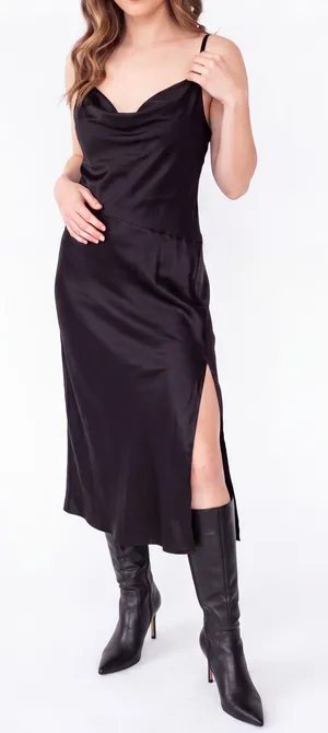 Vintage 90s Style Black Satin Midi Slip Dress Minimalist LBD whimsigoth moody thumbnail 1
