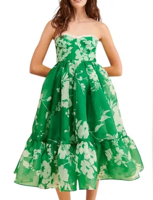 Selkie Strapless Green Floral Midi Dress Size X-Small Retail $325 P-48 thumbnail 1