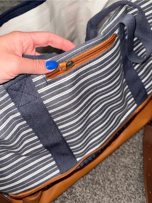 DSW Navy and White Striped Travel Weekender with Tan Trim thumbnail 7