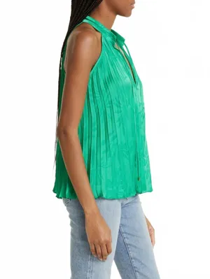 Ramy Brook Alex Pleated Blouse Halter Jacquard Garden Green Island Women's Small thumbnail 3