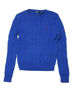 NWT Polo Ralph Lauren Cable-Knit Pima Cotton Crew Neck in Blue Sweater L thumbnail 2