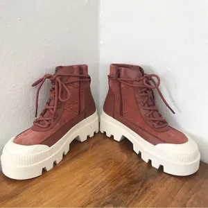 GIANNI BINI Rust Red Leather Lug Sole Platform Bootie Sneaker High Top Size‎ 6.5 thumbnail 3