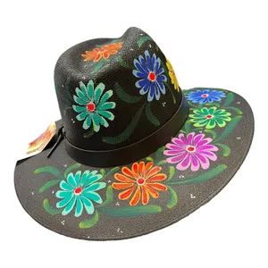 HAT MEXICAN Artisanal Hand Painted Fedora Floral Sombrero Panama Bohemian Black thumbnail 4
