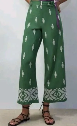 Zara Embroidered Trousers Size M High Waist Green Cropped Wide Leg thumbnail 1