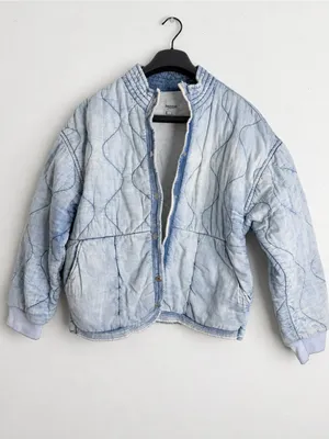Kensie Jeans Quilted Denim Bomber Jacket Light Acid Wash Chambray Size M thumbnail 6