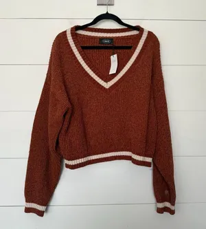 Cider Women’s Large Brown White Vneck Sweater New thumbnail 1