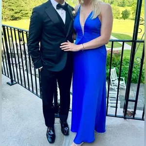 Aidan Mattox Azure Blue V-Neck Satin‎ Halter Bias Draped Gown Dress thumbnail 4