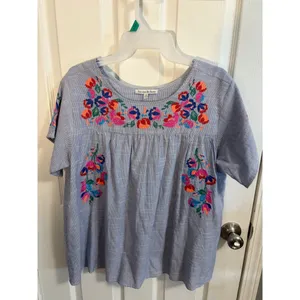 Embroidered Floral Peasant‎ Blouse | Short Sleeve Boho Top thumbnail 7
