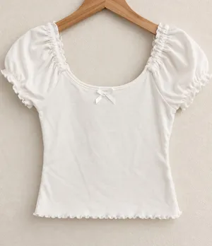 American Eagle White Puff Sleeve Bow Top XS thumbnail 1