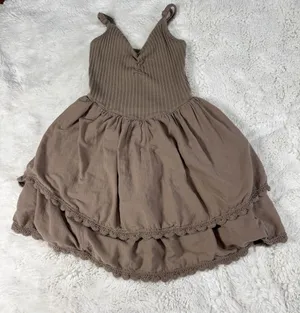 Aerie Brown Ribbed Bodice Tiered Mini Dress Crochet Trim Cottagecore Boho S thumbnail 1