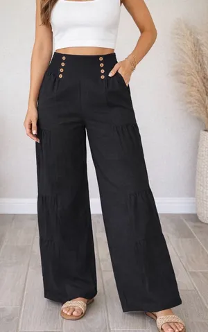 High-Waist Wide-Leg Black Pants with Button Detail thumbnail 1