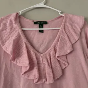 Lauren Ralph Lauren Pink Ruffle Collar Blouse Top Size Medium Preppy Workwear thumbnail 4