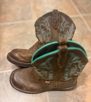 Justin Boots Brown Leather Cowboy Boots with Teal Stitching 7.5 B thumbnail 1