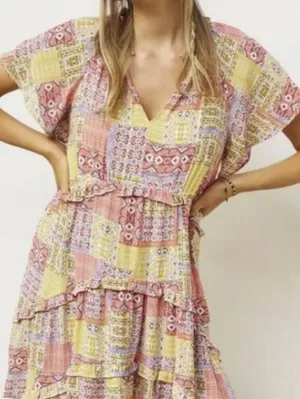 Anthropologie Pink and Yellow Robin Tiered Patchwork Mini Dress - Size - Small thumbnail 1
